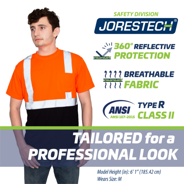 Un trabajador que lleva la camiseta de seguridad Jorestech naranja/negra. Los iconos con texto indican: 360 grados de protección reflectante. Tejido transpirable. Tipo R clase II. Diseñada para una apariencia profesional.