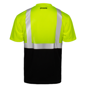 Parte trasera de la camisa de seguridad Jorestech amarilla y negra con tiras reflectantes y bolsillo en el pecho