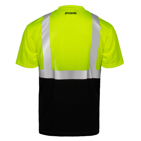 Parte trasera de la camisa de seguridad Jorestech amarilla y negra con tiras reflectantes y bolsillo en el pecho
