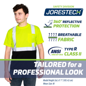 Un trabajador lleva la camisa de seguridad Jorestech amarilla/negra. Los íconos con texto indican: 360 grados de protección reflectante. Tejido transpirable. Tipo R clase II. Diseñada para una apariencia profesional.
