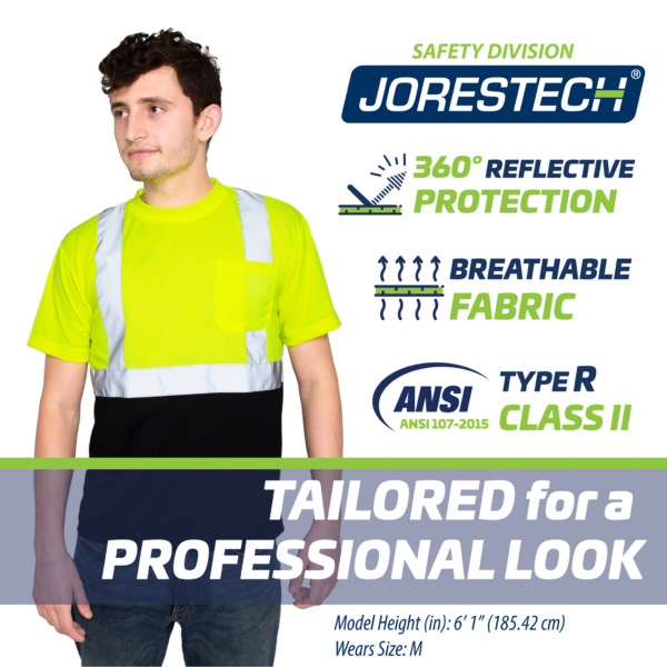 Un trabajador lleva la camisa de seguridad Jorestech amarilla/negra. Los íconos con texto indican: 360 grados de protección reflectante. Tejido transpirable. Tipo R clase II. Diseñada para una apariencia profesional.