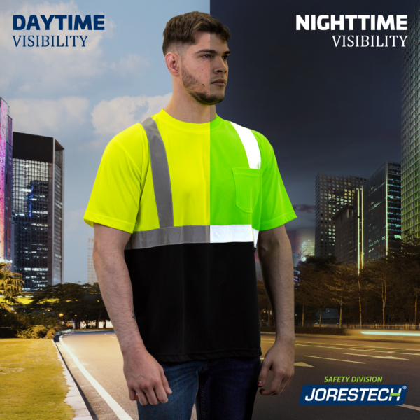 Hombre vistiendo una camiseta de seguridad JORESTECH de alta visibilidad que disimula la suciedad. La mitad de la acción ocurre durante el día y la otra mitad durante la noche para mostrar el efecto de los materiales fluorescentes y reflectantes.