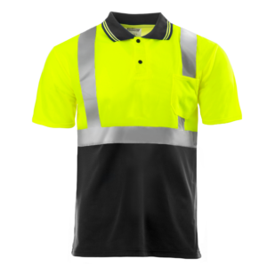Polo de seguridad reflectante amarillo y negro de alta visibilidad. La camisa es de manga corta, tiene cuello negro y 2 botones.