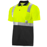 Polo de seguridad reflectante amarillo y negro de alta visibilidad. Polo de seguridad de manga corta con cuello negro, 2 botones y bolsillo en el pecho