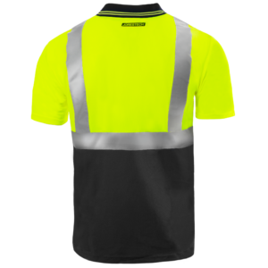 Vista trasera de una camiseta polo de seguridad reflectante de alta visibilidad amarilla y negra. La camiseta es de manga corta, tiene cuello negro y 2 botones.
