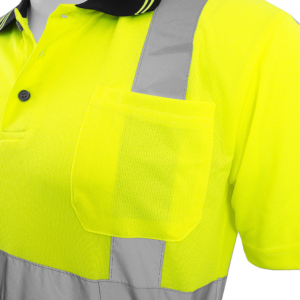 Polo JORESTECH amarillo y negro que muestra la banda reflectante, el bolsillo en el pecho, los botones del pecho y el cuello negro