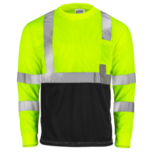 Vista frontal de la camisa de seguridad JORESTECH de manga larga, alta visibilidad, reflectante, amarilla y negra