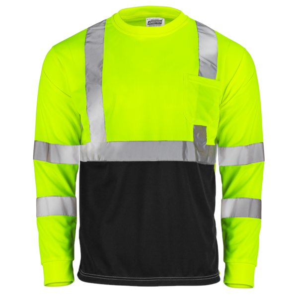 Vista frontal de la camisa de seguridad JORESTECH de manga larga, alta visibilidad, reflectante, amarilla y negra