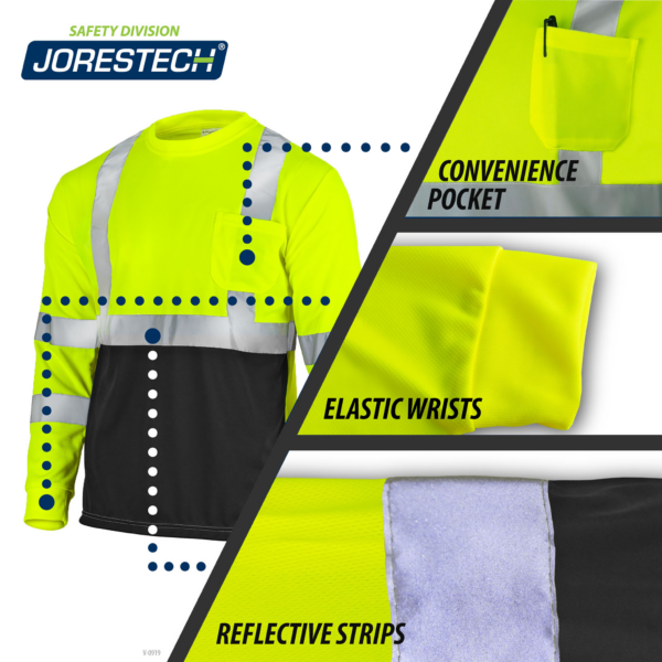 Presenta la camisa reflectante JORESTECH amarilla/negra y 3 llamadas que dicen: bolsillos de conveniencia refinados, puño elástico, tiras reflectantes.