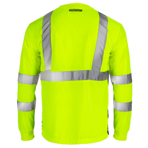 Vista trasera de la camisa de seguridad de manga larga JORESTECH de alta visibilidad, reflectante, amarilla y negra, ANSI clase 3 tipo R