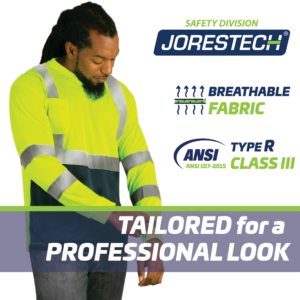 Un trabajador con una camisa de seguridad JORESTECH amarilla/negra. Los iconos con texto indican: tejido transpirable, ANSI tipo R clase III. Diseñada para un aspecto profesional.