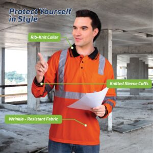 Trabajador que lleva equipo de protección personal y una camisa de seguridad naranja de alta visibilidad de manga larga. Características de la camisa: protégase con estilo, cuello de canalé, puños de manga de punto, tejido resistente a las arrugas