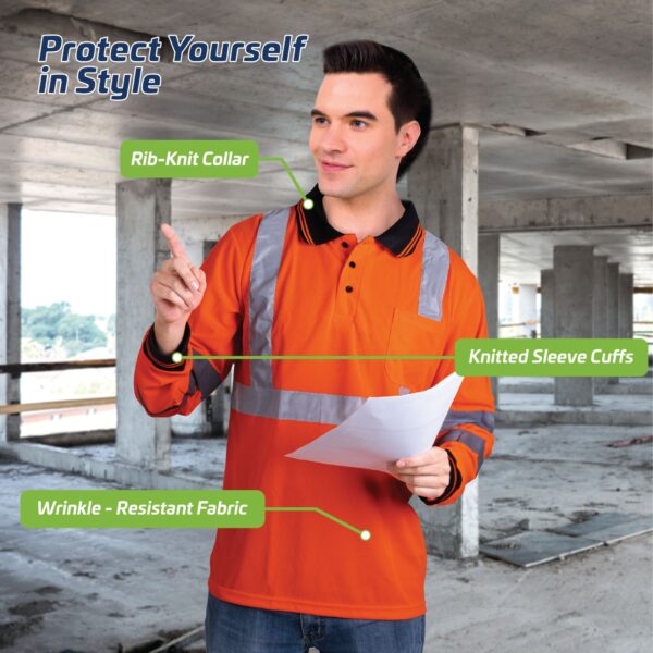 Trabajador que lleva equipo de protección personal y una camisa de seguridad naranja de alta visibilidad de manga larga. Características de la camisa: protégase con estilo, cuello de canalé, puños de manga de punto, tejido resistente a las arrugas