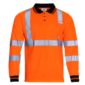 Frente de la camisa de seguridad de alta visibilidad color naranja fluorescente, polo de manga larga, clase 3, tipo R