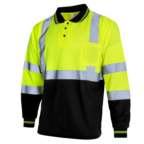 Polo de manga larga de seguridad reflectante Hi Vis en negro y amarillo, conforme a ANSI