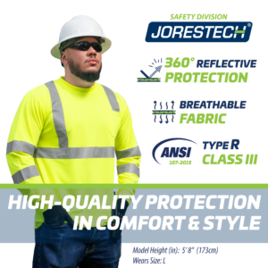 Un trabajador que lleva la camisa de seguridad amarilla de manga larga con franjas reflectantes y bolsillo. Los iconos con texto indican: protección reflectante de 360 grados, tejido transpirable, ANSI type R class 3, protección de alta calidad con comodidad y estilo