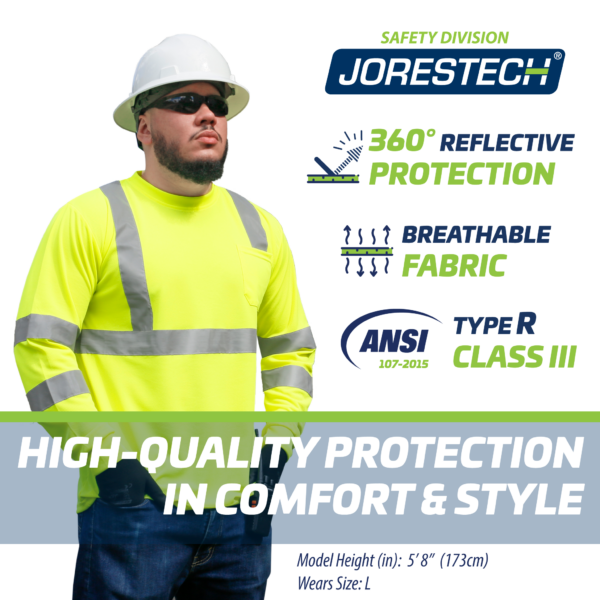 Un trabajador que lleva la camisa de seguridad amarilla de manga larga con franjas reflectantes y bolsillo. Los iconos con texto indican: protección reflectante de 360 grados, tejido transpirable, ANSI type R class 3, protección de alta calidad con comodidad y estilo