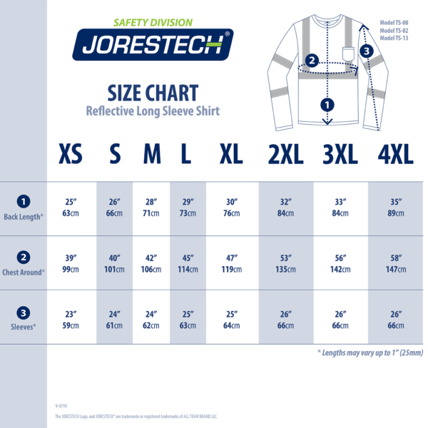 Tabla de tallas de la camisa de seguridad de manga larga JORESTECH