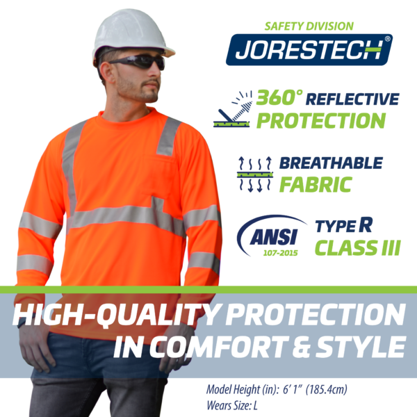 Un trabajador que lleva la camisa de seguridad de manga larga de alta visibilidad con reflectividad, color naranja y bolsillo, y iconos azules y verdes que mencionan protección reflectante de 360 grados, tejido transpirable, ANSI tipo R clase 3, protección de alta calidad con comodidad y estilo