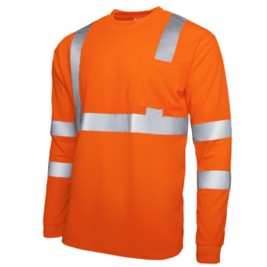 Vista diagonal de la camiseta de seguridad de manga larga reflectante de alta visibilidad naranja, conforme a ANSI, clase 3, tipo R