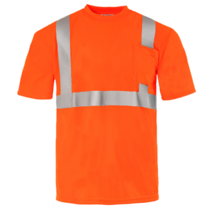 Vista frontal de la camiseta de seguridad ANSI naranja de alta visibilidad con bolsillos y reflectante
