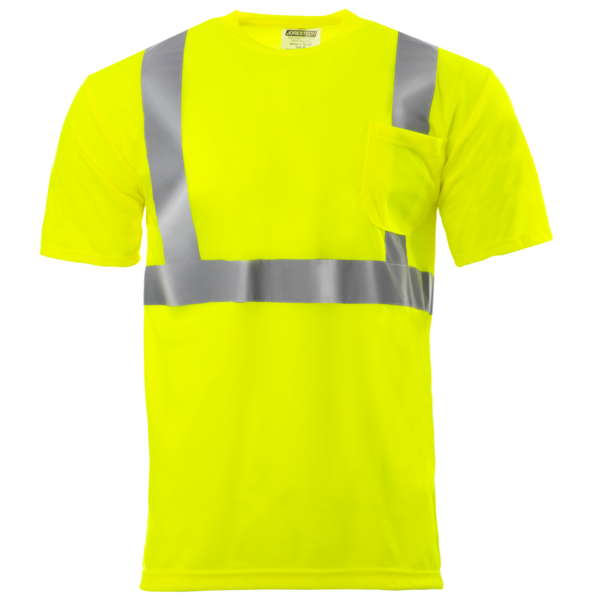 Vista frontal de la camiseta de manga corta JORESTECH de alta visibilidad, reflectante y con bolsillo, en color amarillo/lima, con tejido transpirable birds eye