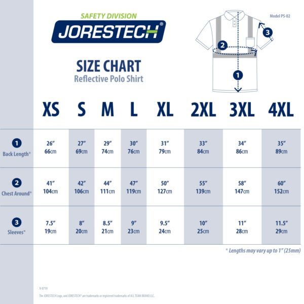 Tabla de tallas de la camiseta polo reflectante de alta visibilidad JORESTECH