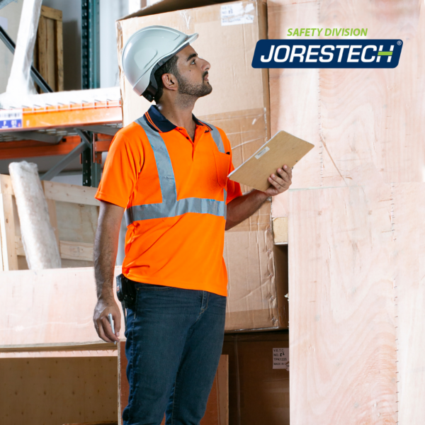 Trabajador con una polo de seguridad naranja JORESTECH mientras realiza inventario dentro de un almacén.