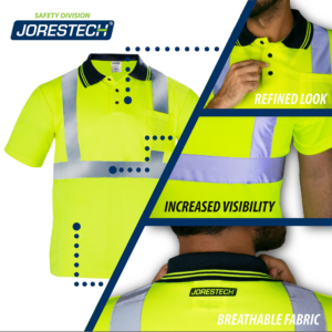 La polo de seguridad JORESTECH color lima y 3 elementos destacados: aspecto refinado, mayor visibilidad, tejido transpirable de ojo de pájaro.