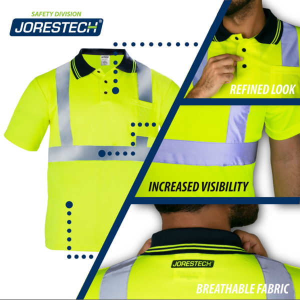 La polo de seguridad JORESTECH color lima y 3 elementos destacados: aspecto refinado, mayor visibilidad, tejido transpirable de ojo de pájaro.