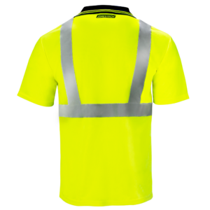 Vista trasera de un polo de seguridad reflectante amarillo. El polo de seguridad es de manga corta