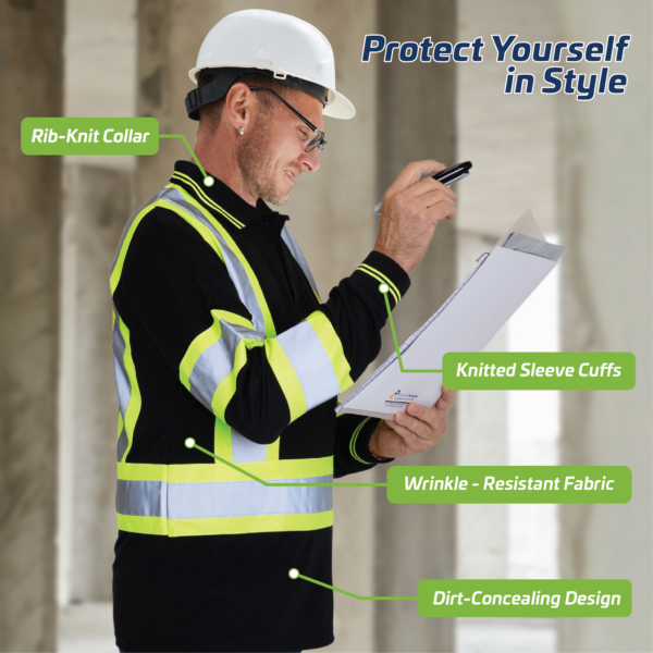 Trabajador usando equipo de protección personal y una camiseta de seguridad de manga larga negra y amarilla de alta visibilidad. Las características de la camisa indican: Protéjase con estilo, cuello de punto acanalado, puños de manga de punto, tejido resistente a las arrugas, diseño que oculta la suciedad