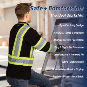 Trabajador usando la camisa polo de manga larga de seguridad negra con tiras reflectantes. El texto dice: Segura y cómoda, camisa ideal para el trabajo, diseño llamativo, cumple con ANSI ISEA, protección reflectante 360, rendimiento de día y de noche, camisa de ajuste relajado, ultraligera, transpirable, de secado rápido, aspecto profesional y elegante