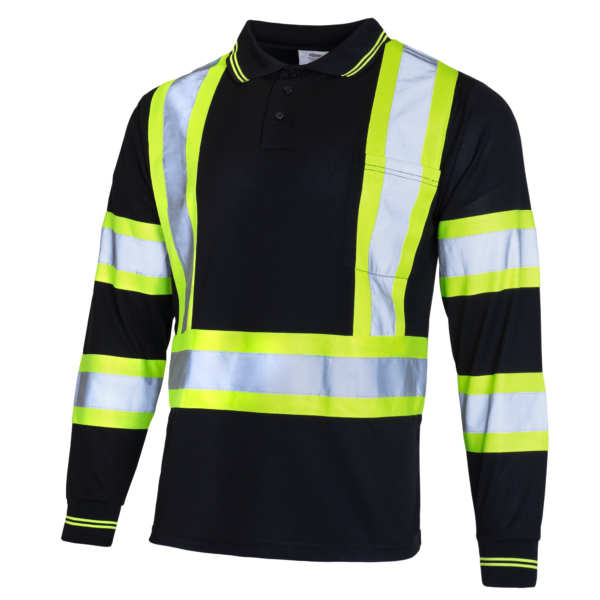 Polo de manga larga de seguridad reflectante Hi Vis en negro y amarillo, conforme a ANSI