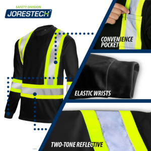 La camiseta de seguridad JORESTECH HI-Vis se muestra junto con primeros planos del bolsillo, el puño de la manga y las bandas reflectantes de dos tonos que dicen: bolsillo práctico en el pecho, reflectante de dos tonos