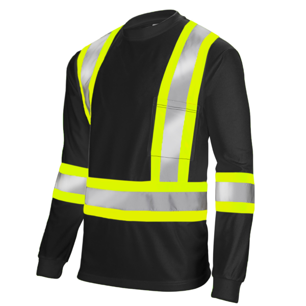 Camisa de seguridad de manga larga bicolor negro y amarillo, reflectante de alta visibilidad, con bolsillo y X en la espalda