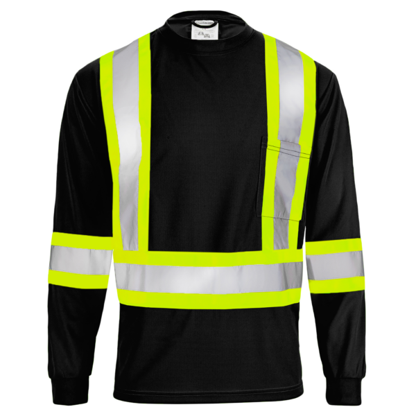 Frontal de una camiseta de manga larga de seguridad de alta visibilidad reflectante de dos tonos en negro y amarillo con bolsillo