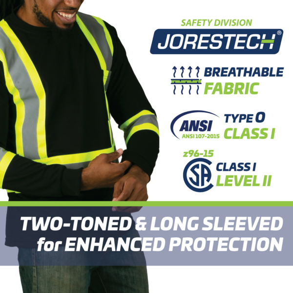 Un hombre lleva una camiseta de seguridad reflectante en negro y amarillo. La siguiente información se proporciona en la imagen: tejido transpirable, ANSI Type O, Class I. SA Class I Level II. Diseño de dos tonos para una protección mejorada.