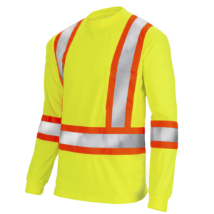 Vista diagonal de una camisa de seguridad de manga larga en amarillo y naranja de alta visibilidad con bandas reflectantes de dos tonos y bolsillo
