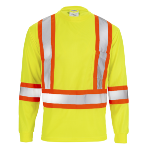 Vista frontal de una camiseta de manga larga de seguridad de dos tonos, alta visibilidad, reflectante, amarilla y naranja con bolsillo y franjas.