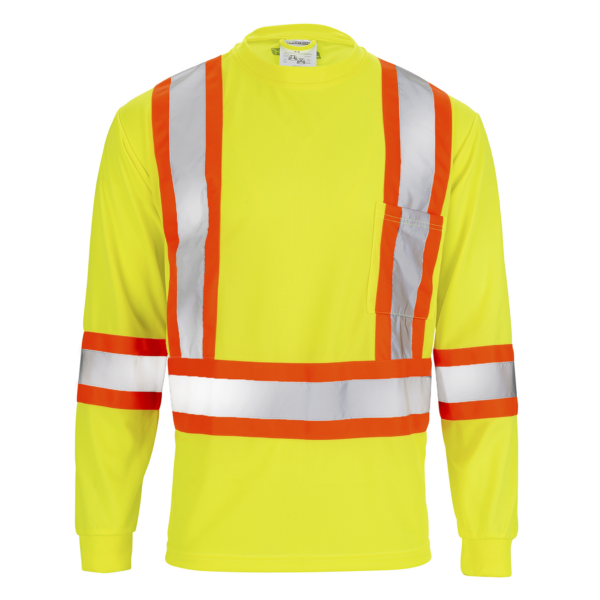 Vista frontal de una camiseta de manga larga de seguridad de dos tonos, alta visibilidad, reflectante, amarilla y naranja con bolsillo y franjas.