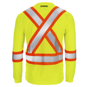 Parte trasera de una camiseta de seguridad de manga larga alta visibilidad reflectante de dos tonos en amarillo y naranja, con bolsillo en el pecho y manga larga