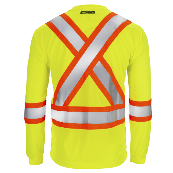 Parte trasera de una camiseta de seguridad de manga larga alta visibilidad reflectante de dos tonos en amarillo y naranja, con bolsillo en el pecho y manga larga