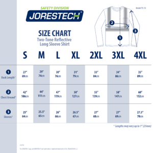 Tabla de tallas de la camisa de seguridad JORESTECH de manga larga de 2 tonos
