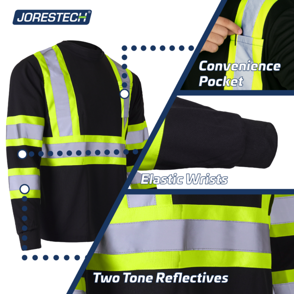 Una camiseta de seguridad de manga larga reflectante alta visibilidad en negro y lima, con primeros planos que muestran el bolsillo en el pecho, los puños elásticos y las tiras reflectantes bicolor