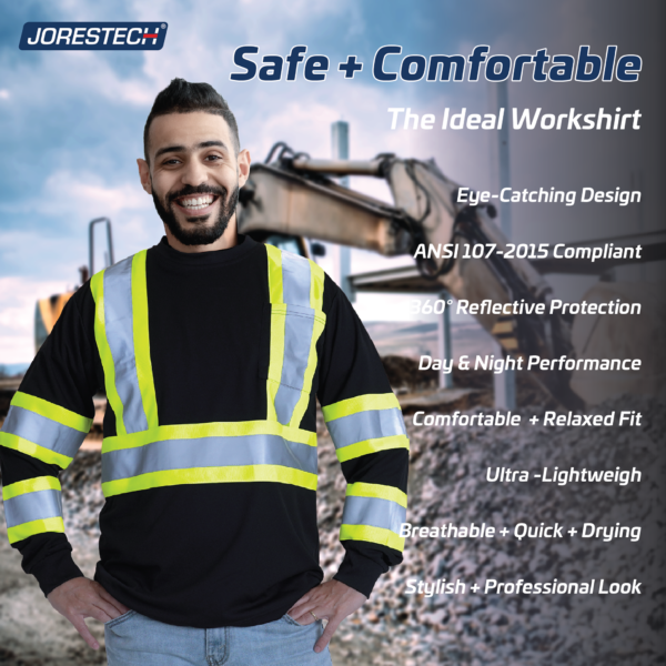 Un hombre lleva puesta la camiseta de seguridad de manga larga reflectante de dos tonos JORESTECH Hi Vis en una obra en construcción. El texto dice: Segura y cómoda, la camiseta de trabajo ideal. Diseño llamativo. Cumple con ANSI 107-215. Protección reflectante de 360 grados. Transpirable y de secado rápido