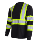 Vista diagonal de la camiseta de seguridad de manga larga bicolor negro y amarillo con bolsillo y reflectante de alta visibilidad JORESTECH