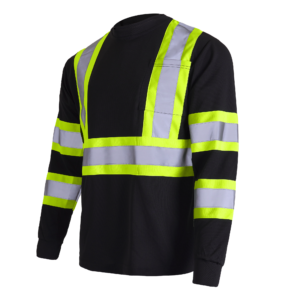 Vista diagonal de la camiseta de seguridad de manga larga bicolor negro y amarillo con bolsillo y reflectante de alta visibilidad JORESTECH
