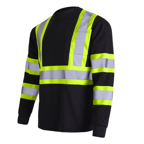 Vista diagonal de la camiseta de seguridad de manga larga bicolor negro y amarillo con bolsillo y reflectante de alta visibilidad JORESTECH