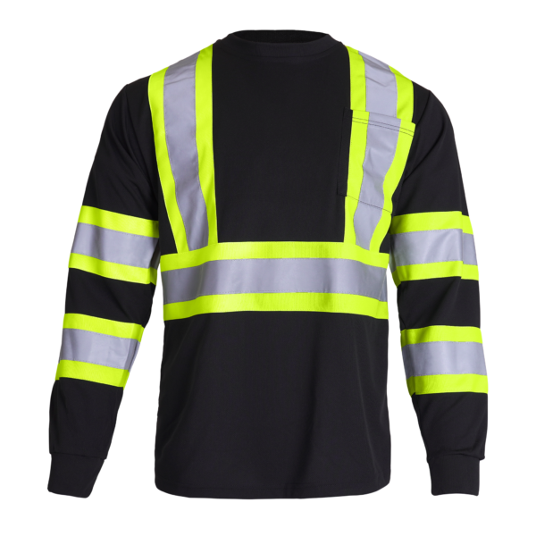 Parte trasera de la camiseta de seguridad JORESTECH de manga larga, reflectante, bicolor, negra y amarilla, de alta visibilidad, conforme a ANSI